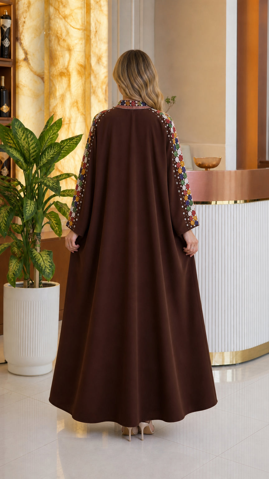 Back view of full length chocolate brown relaxed fit kaftan gown
