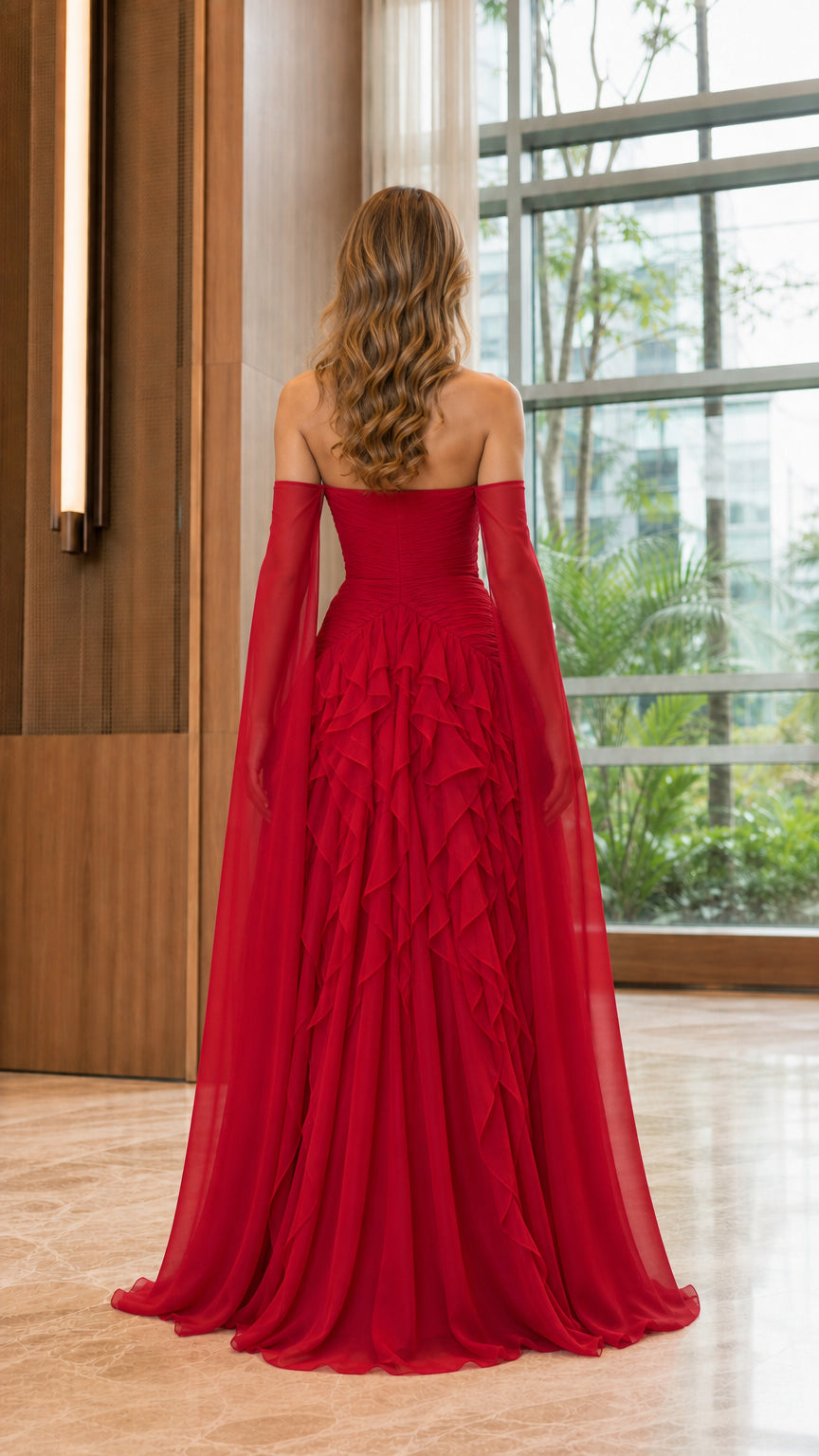 Model wearing red sweetheart evening gown with long cape sleeves back view