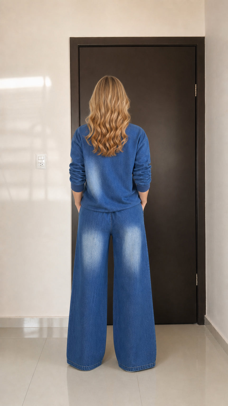 Back view of model wearing the Denim Blue wide-leg casual pants set