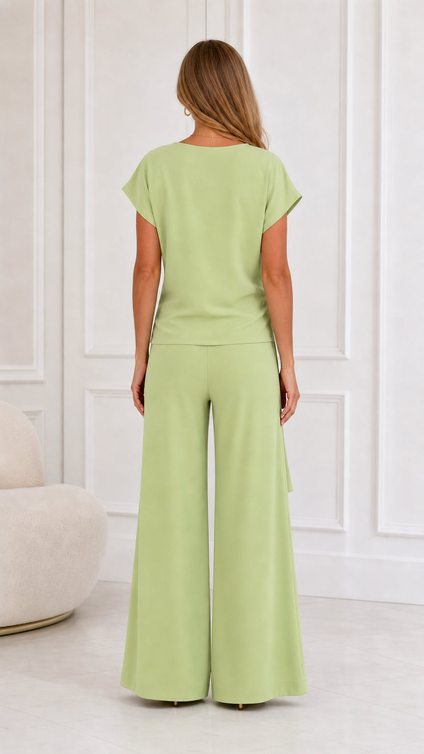 Back view of sage green top and wide-leg pants set