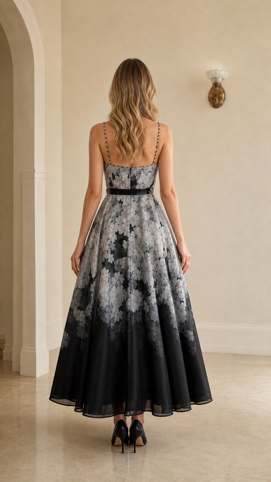 Back view showcasing dress silhouette and beaded straps