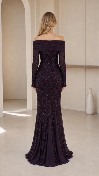 Back view of the plum long sleeve formal dress
