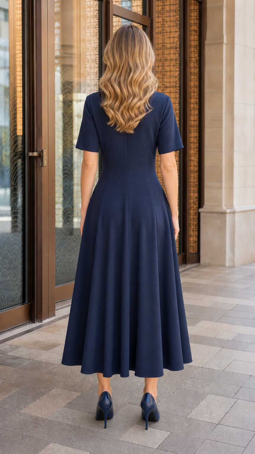 Back view of woman showing flared silhouette of navy midi dress