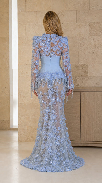 Back view of light blue sheer back gown