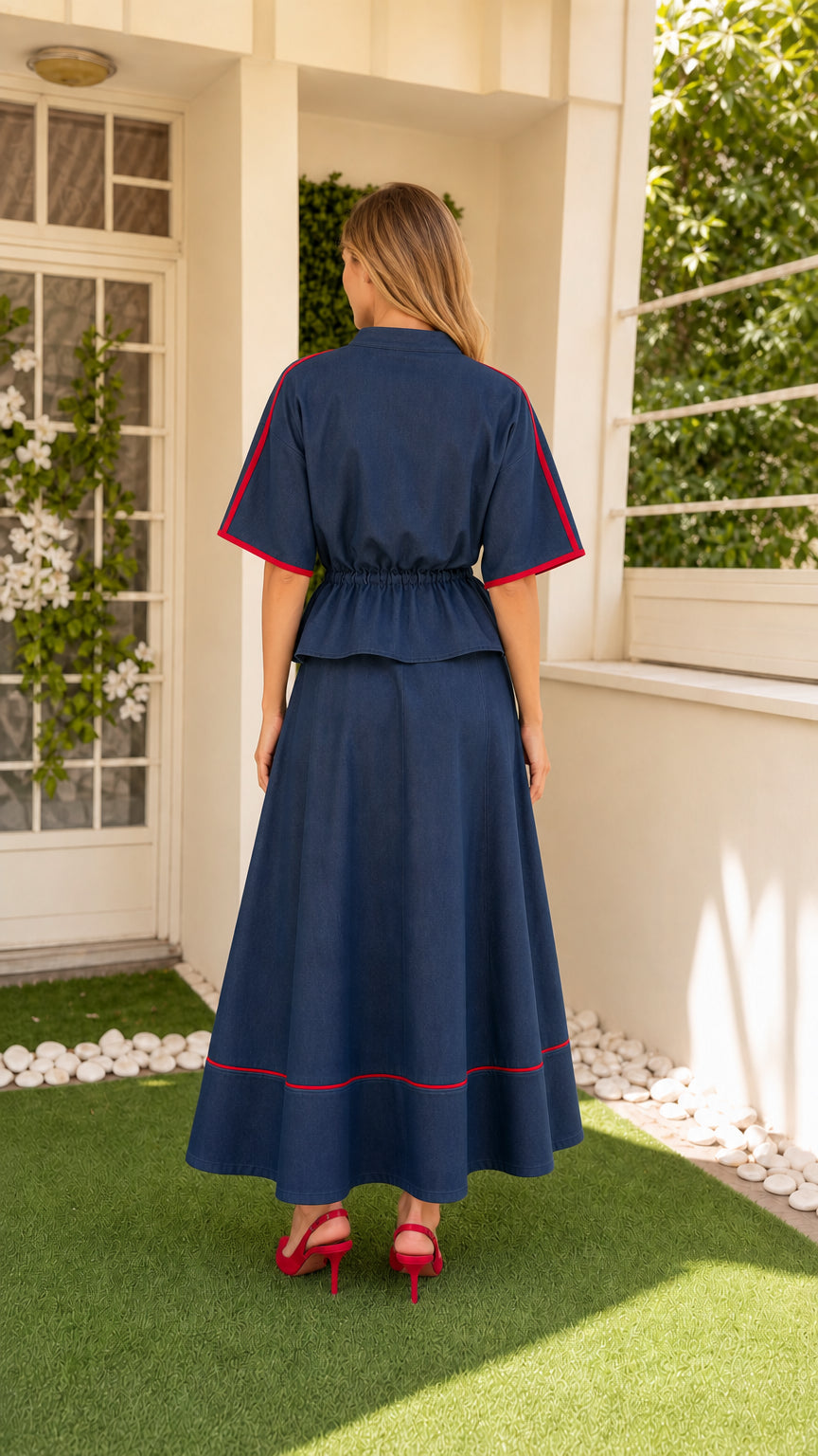 Back view of Navy Blue two-piece maxi outfit
