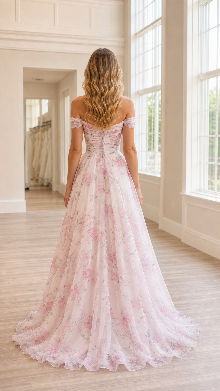 Back view of woman wearing blush pink floral off-the-shoulder dress