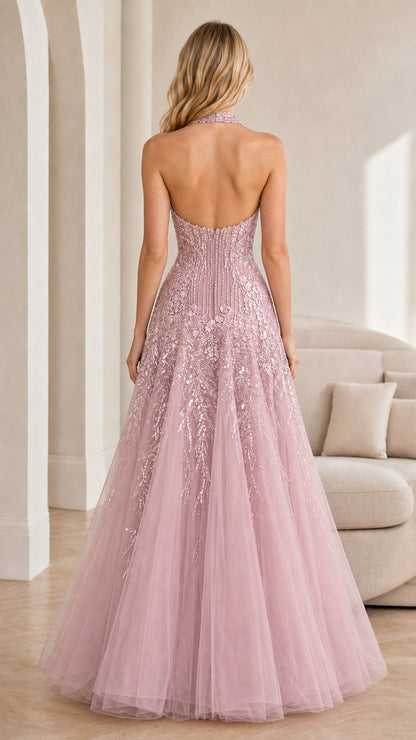 Back view showing open back design of pink gown