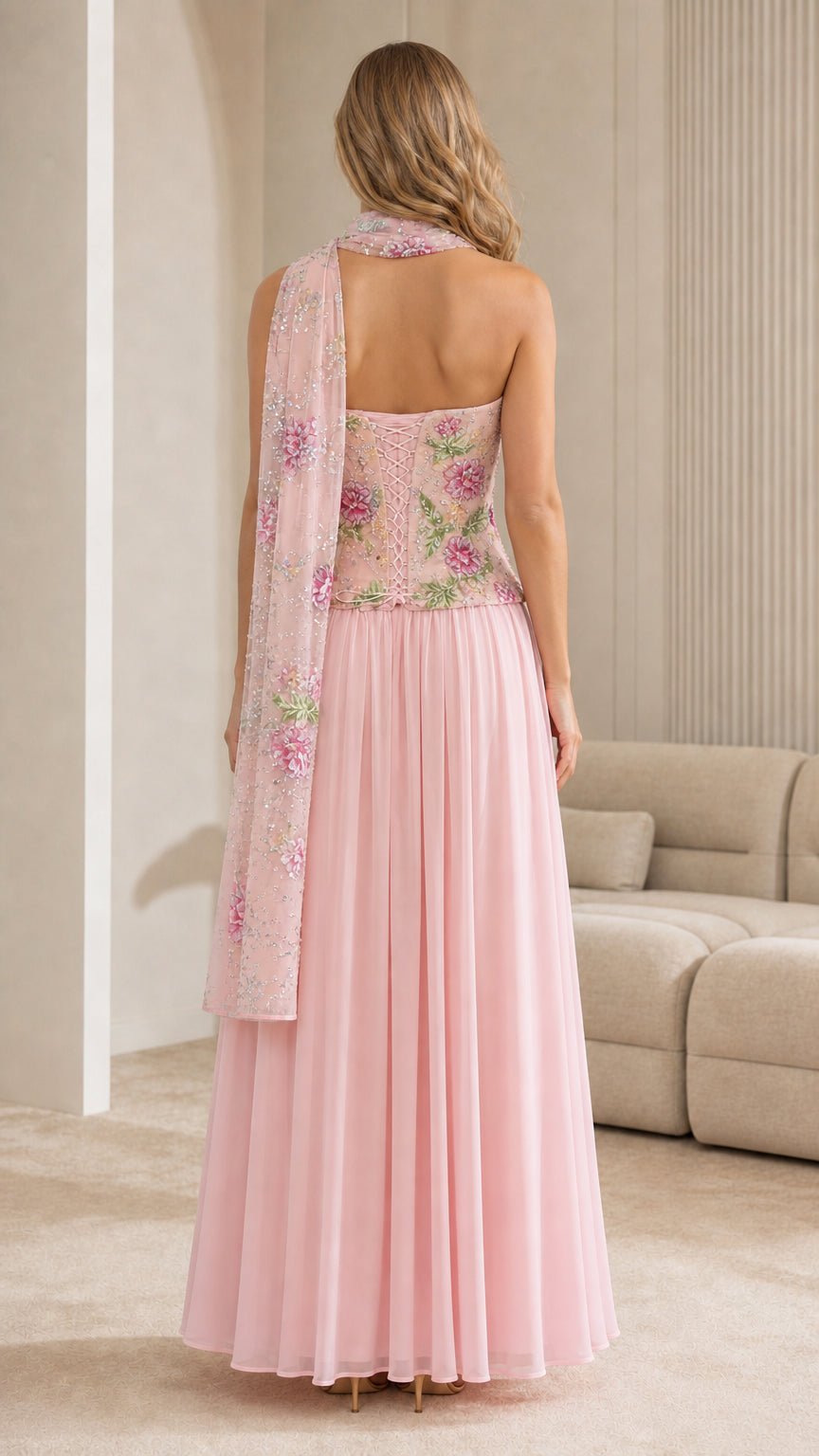 Back view of pink embroidered strapless maxi dress