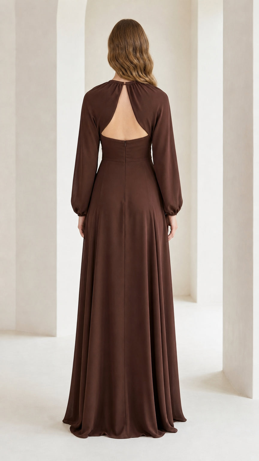 Back view showing keyhole detail on brown dress