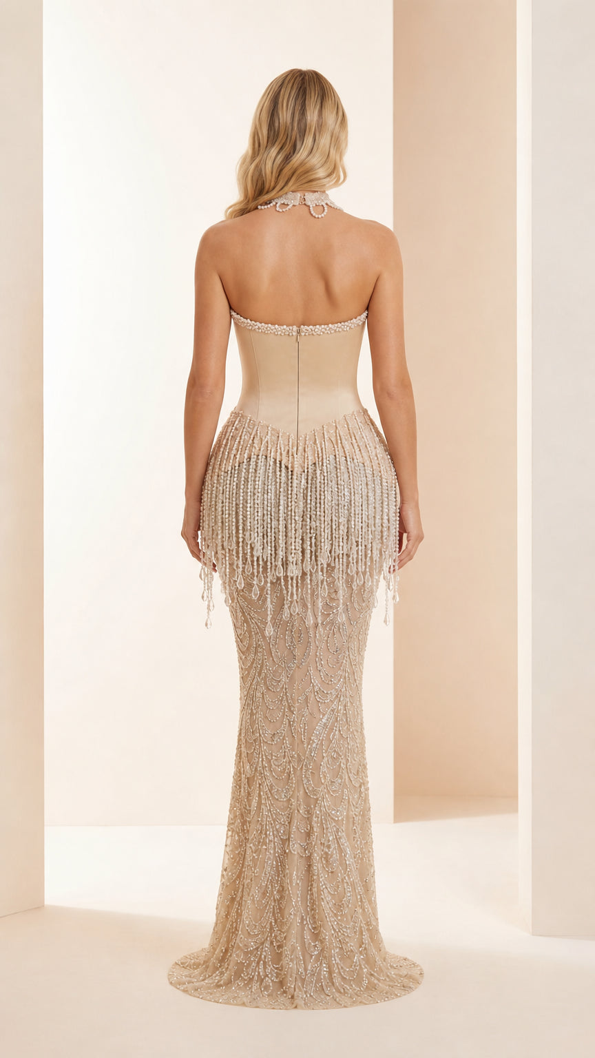 Back view of Champagne formal dress with zipper closure