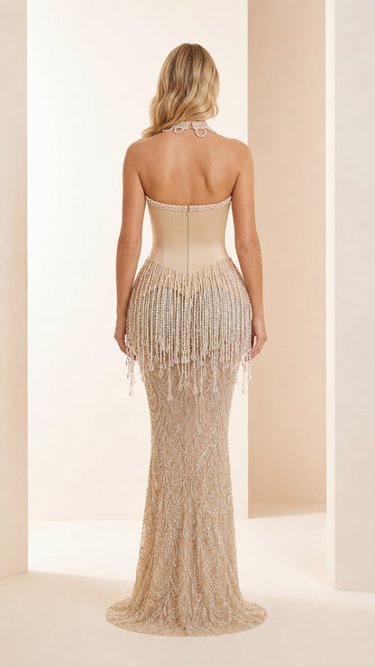 Back view of Champagne formal dress with zipper closure