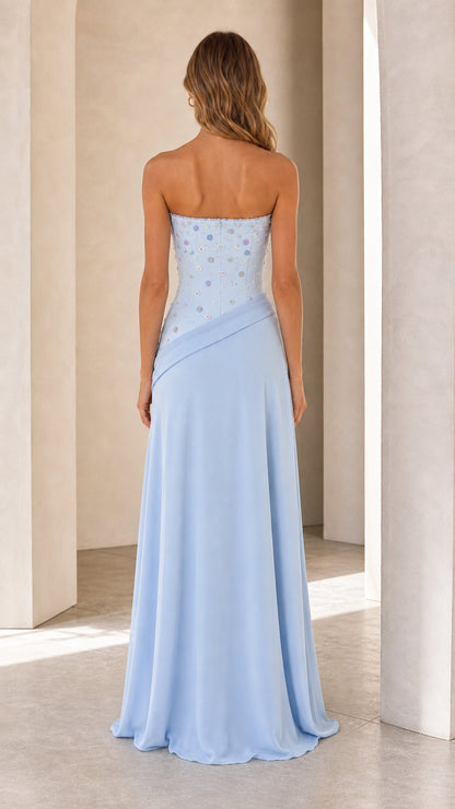 Back view of model in Light Blue strapless floor-length evening dress