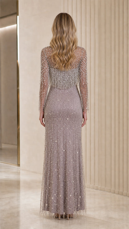 Back view of model in elegant mauve floor-length formal dress