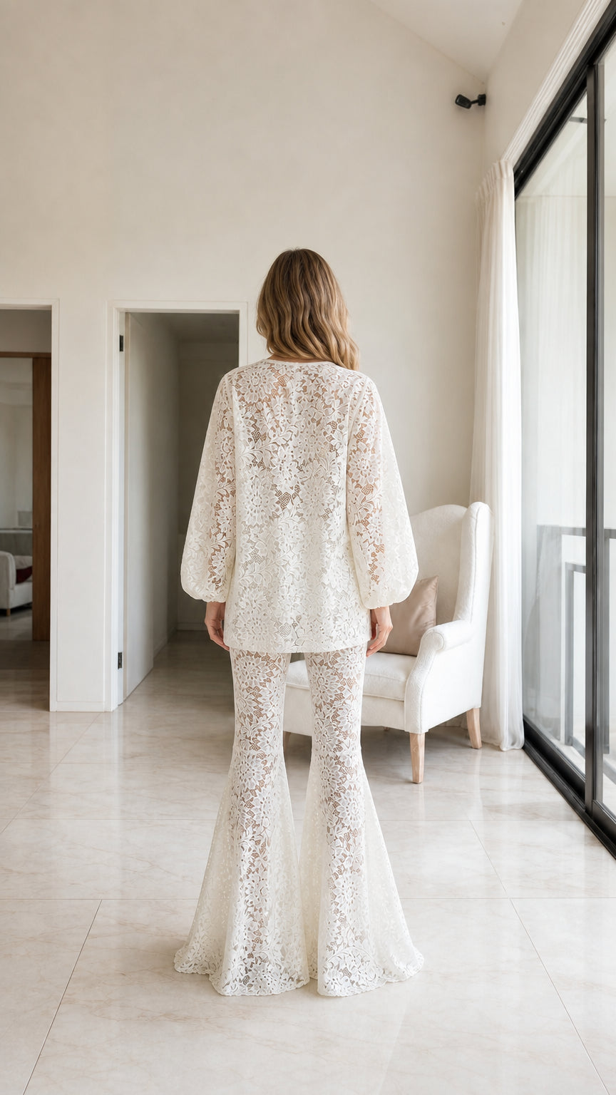 Model wearing white floral lace two-piece set, back view