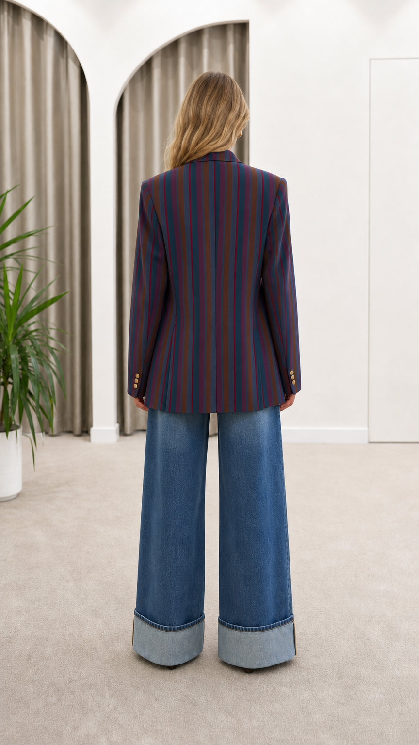 Back view of model wearing tailored Navy Multicolor vertical stripe blazer