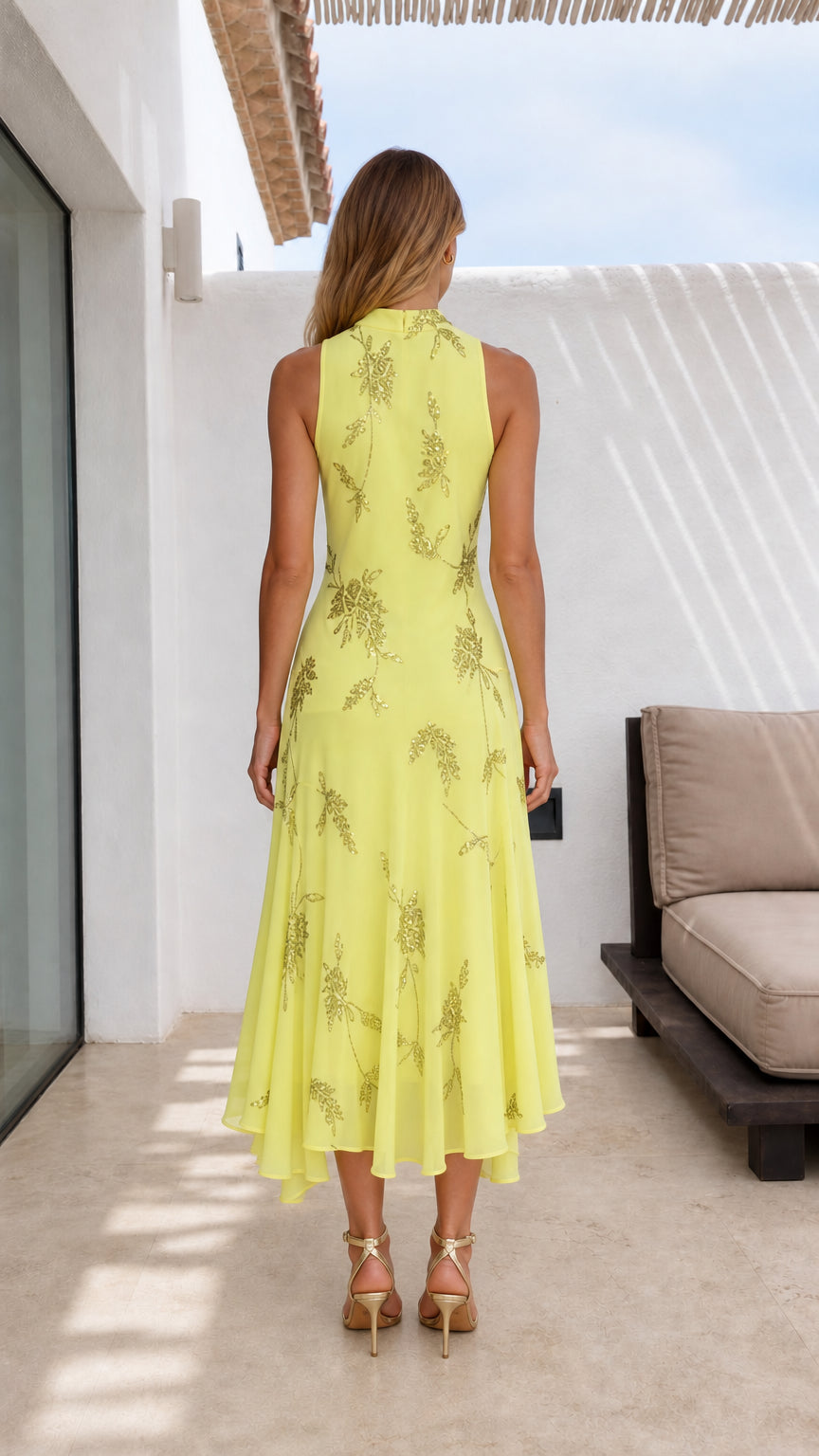 Back view of yellow sleeveless midi dress