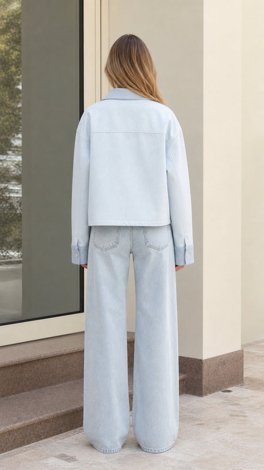 Back view of model wearing light blue cropped jacket showing clean back seam construction