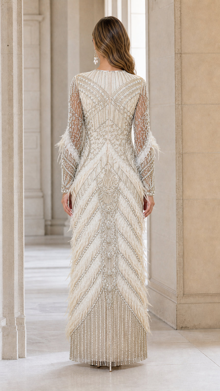 Back view of Champagne formal evening gown