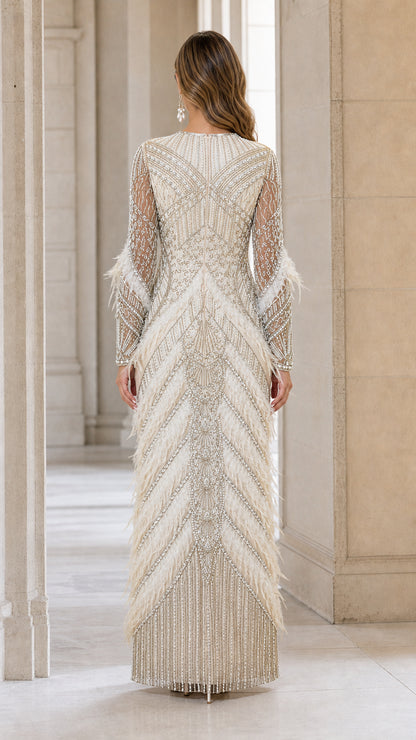 Back view of Champagne formal evening gown