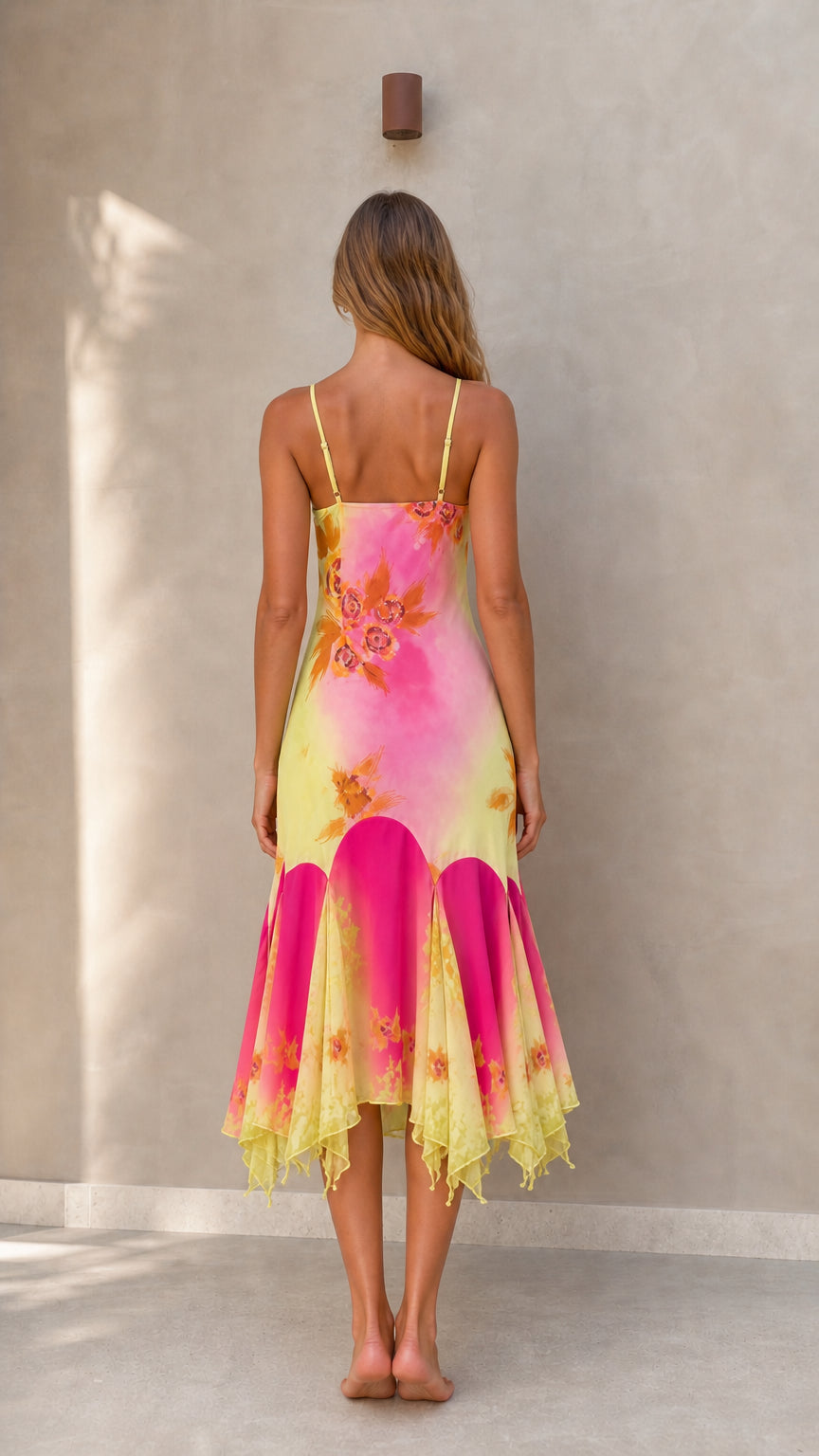 Back full view of Yellow Pink midi slip dress