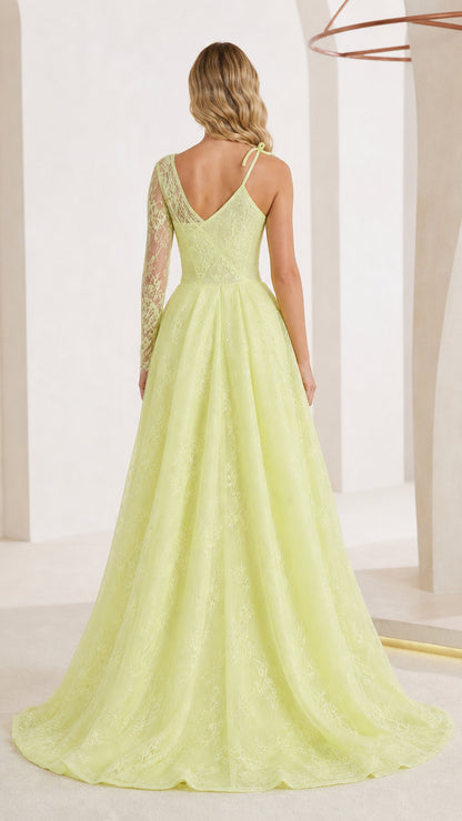 Back view of yellow evening dress showing sweeping train