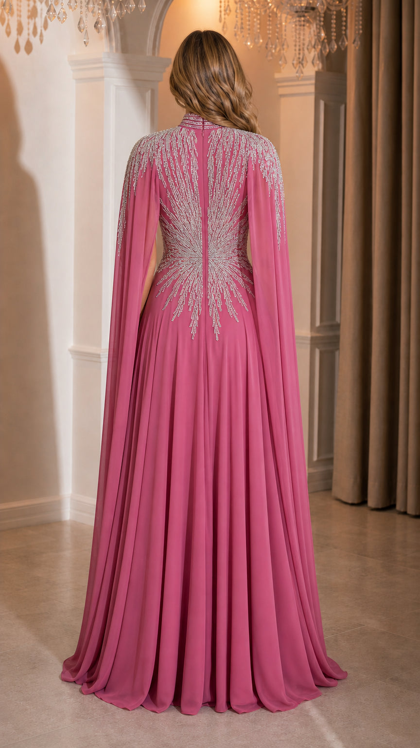 Rose pink evening gown back view showing flowing floor length cape