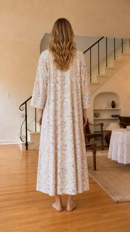 Back view of ivory floral embroidered kaftan dress