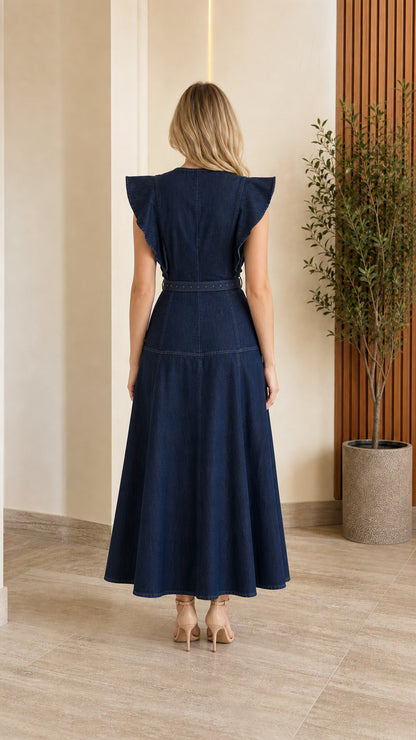 Back view of woman wearing Dark Blue flutter sleeve denim maxi dress
