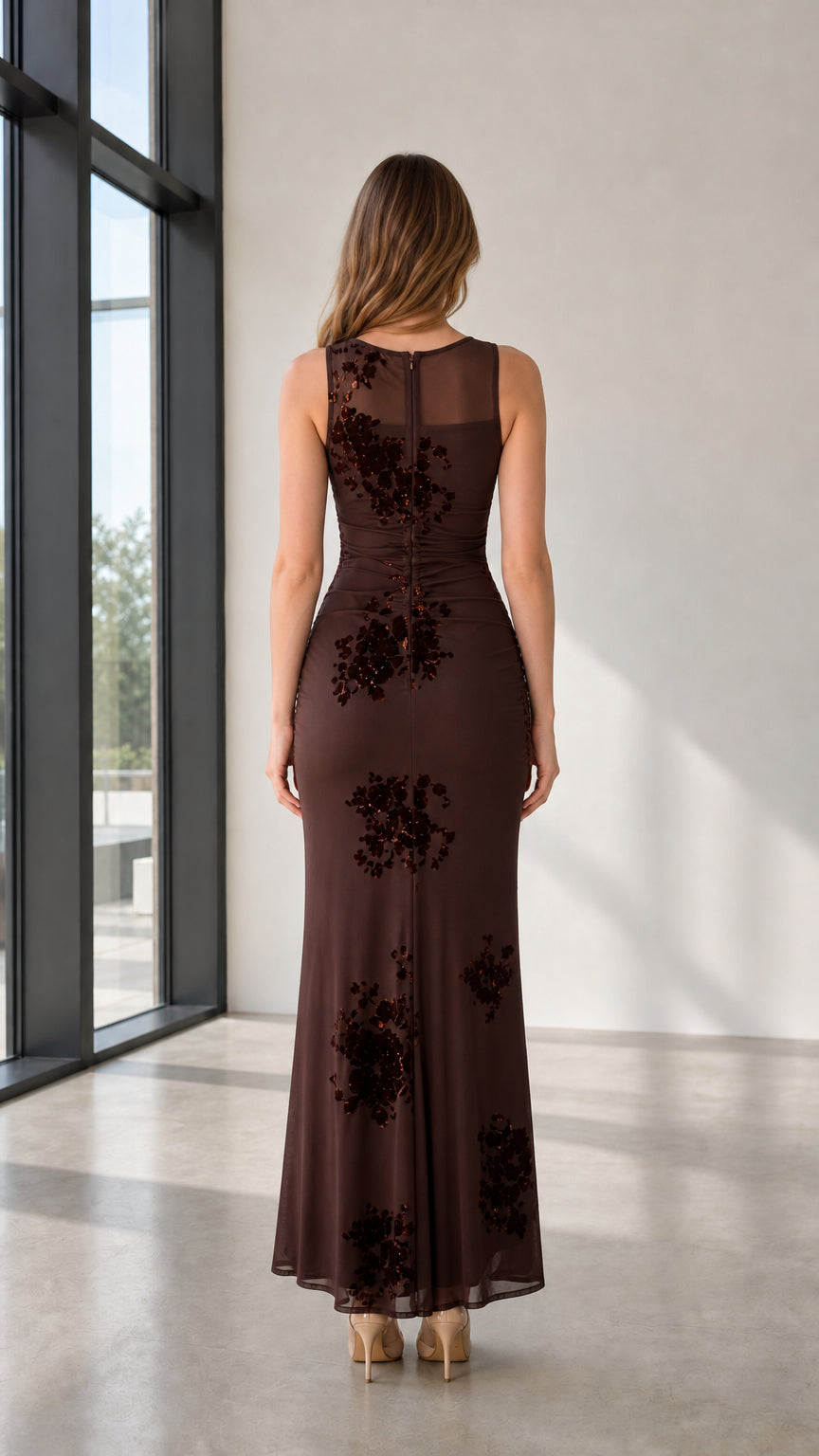 Back view of brown formal dress with mesh detail