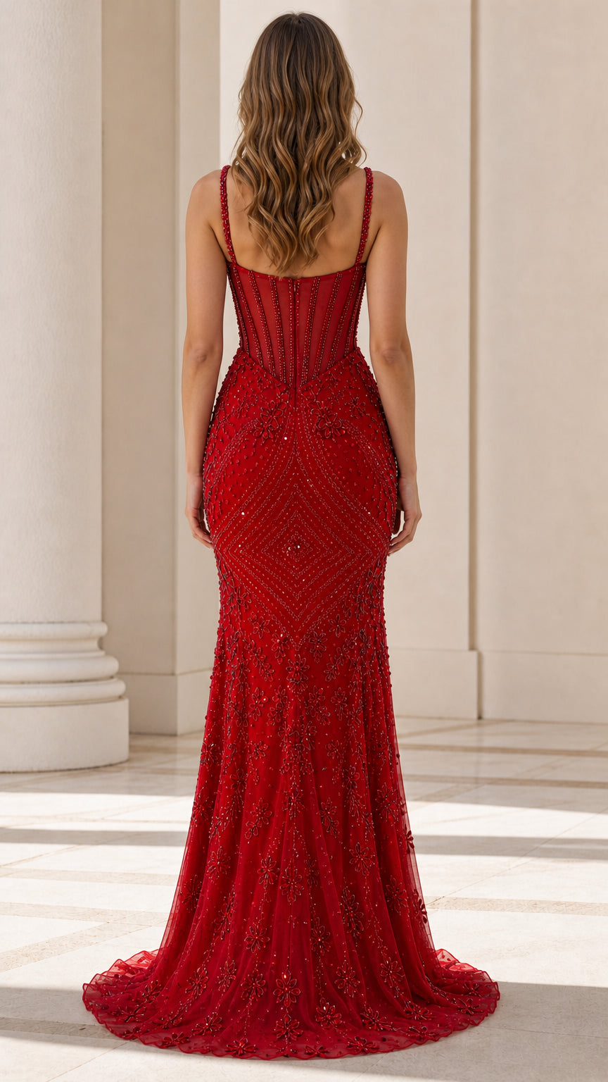 Back view of red evening dress showing train