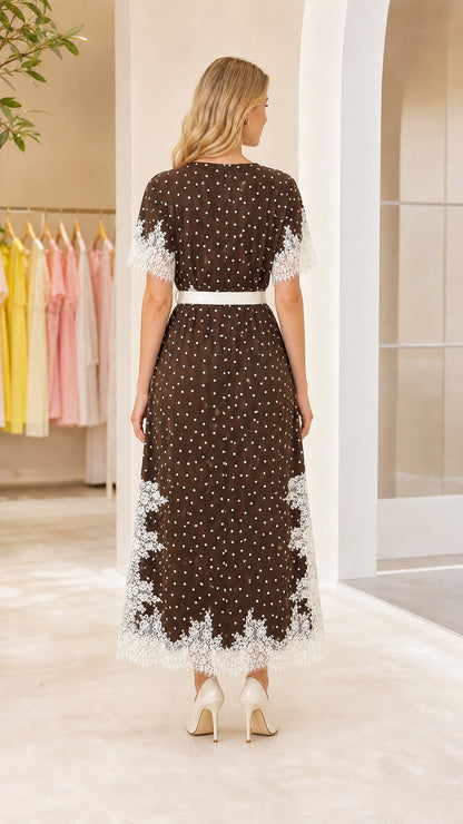 Back view of brown polka dot midi dress
