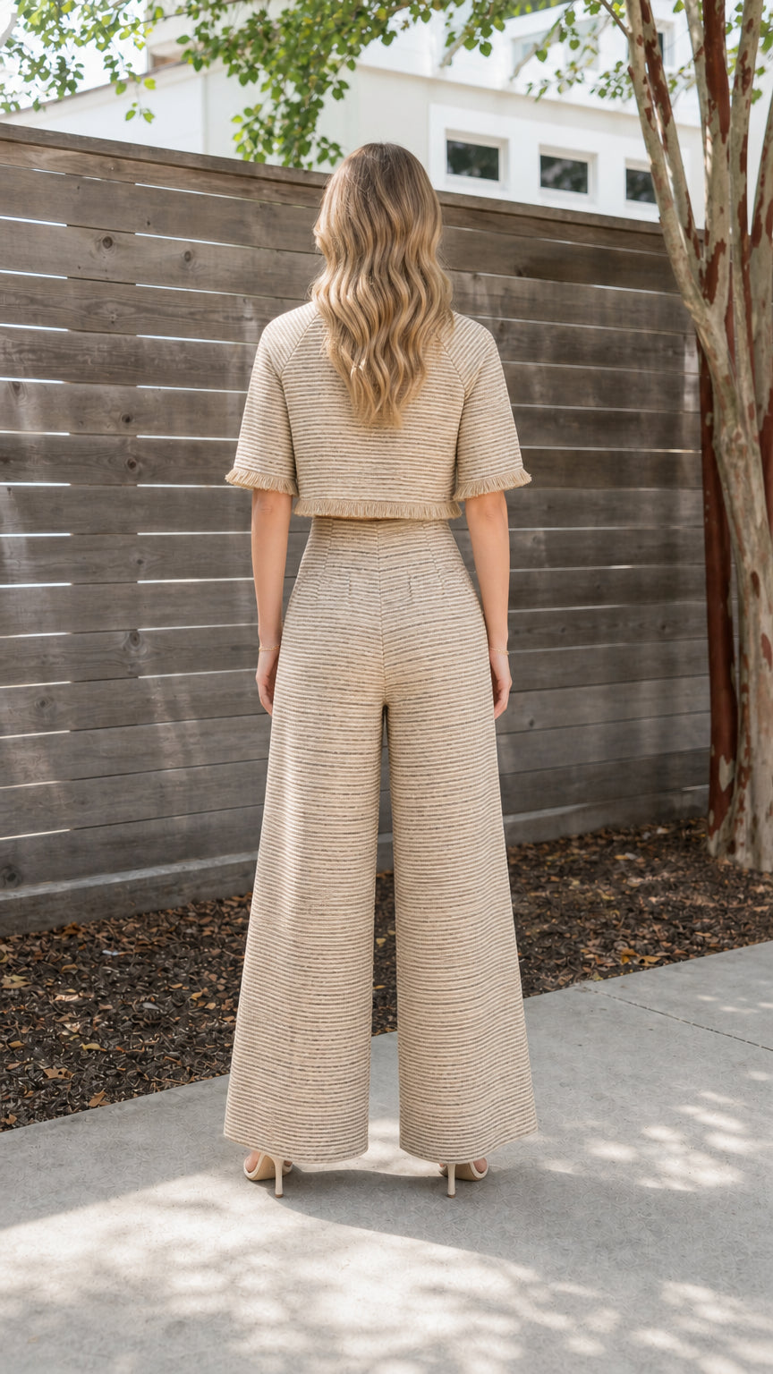 Back view of beige tweed two-piece set