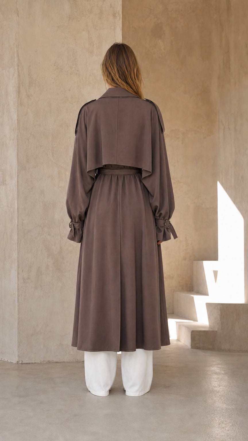 Back view of woman wearing dark taupe long trench coat
