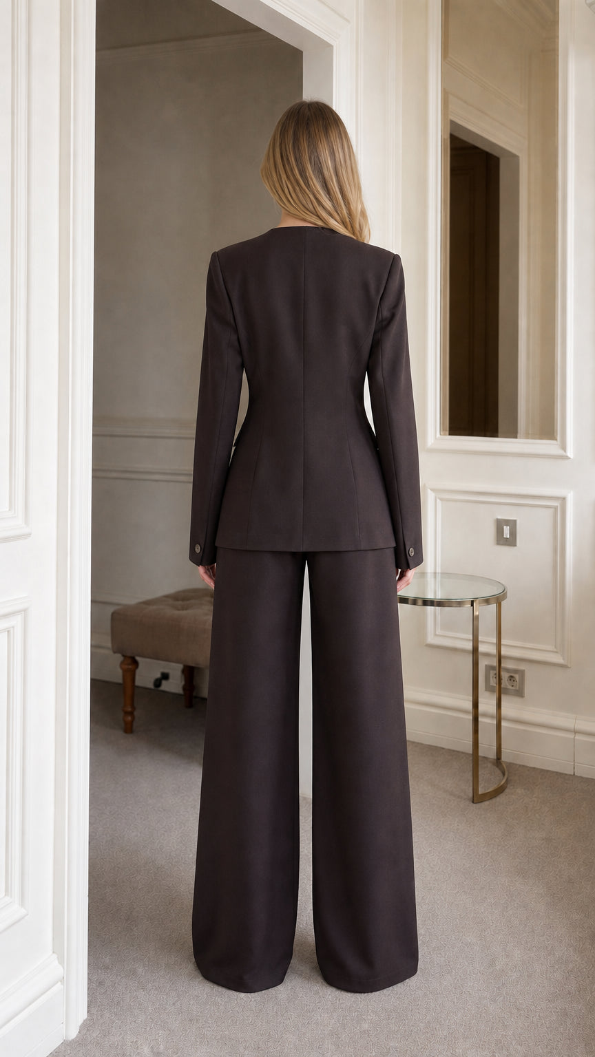 Back view of dark brown tailored pantsuit