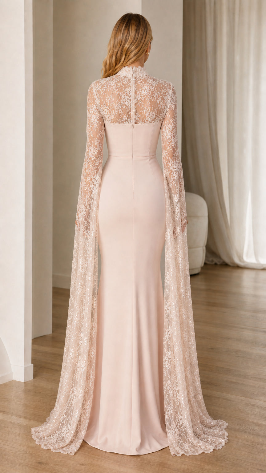 Back view showing detailed lace back and cape train