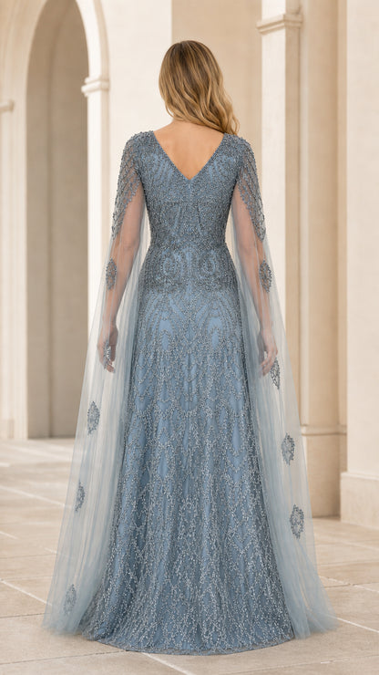 Back view of dusty blue cape gown with elegant V-back design
