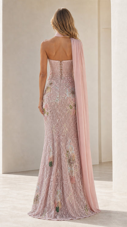 Back view showing corset lacing on pink formal dress