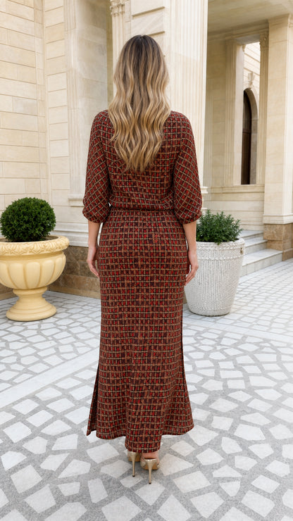 Back view of rust brown geometric print blouson maxi dress