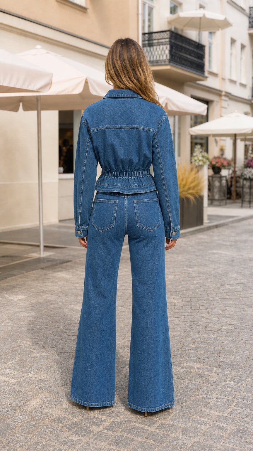 Back view of model in Classic Blue cinched denim jacket and wide-leg trousers