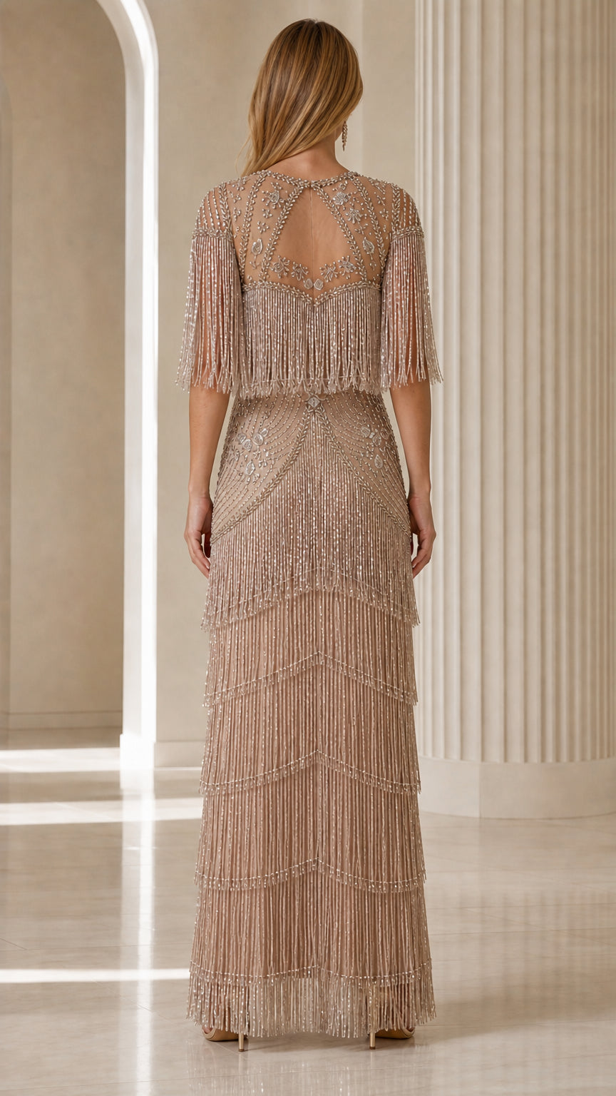 Back view showing keyhole design on Champagne Dress