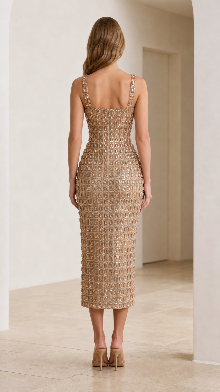 Back view of model in champagne sequin midi dress