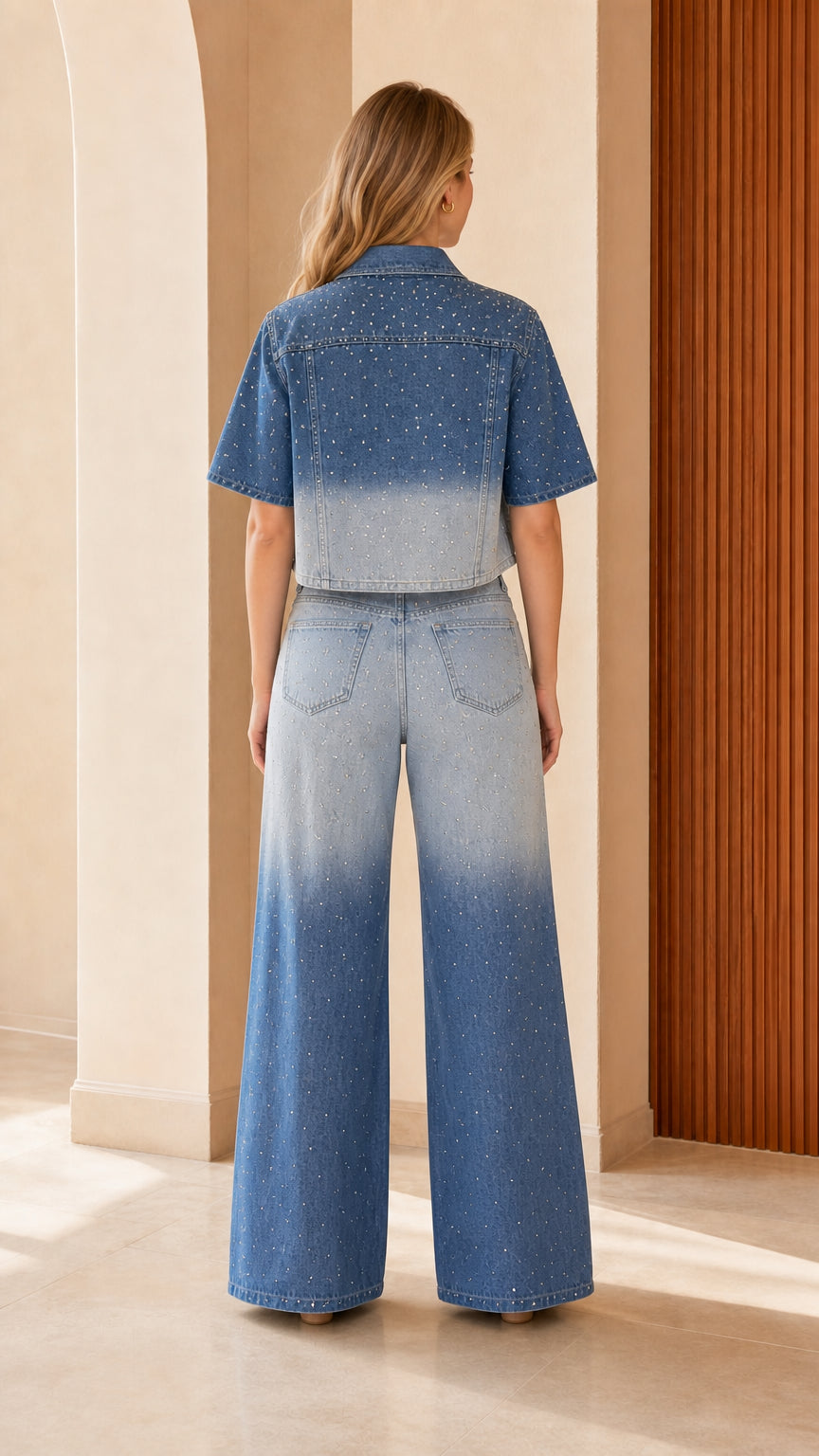 Back view of blue gradient rhinestone denim set with wide-leg trousers
