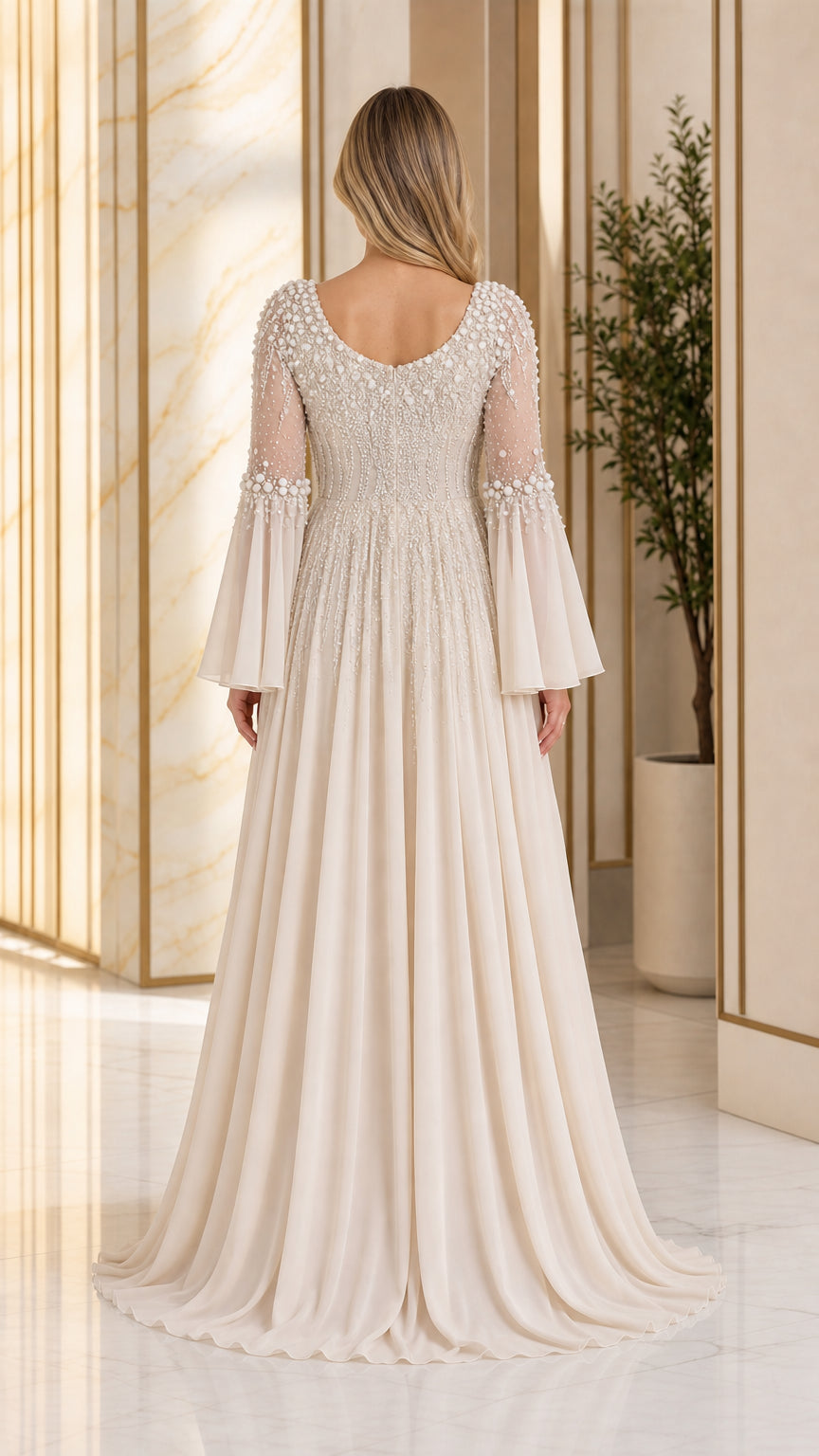 Back view of champagne floor-length chiffon evening dress with V-neckline