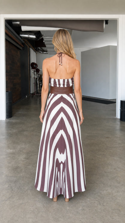 Back view of zebra printed halter maxi dress