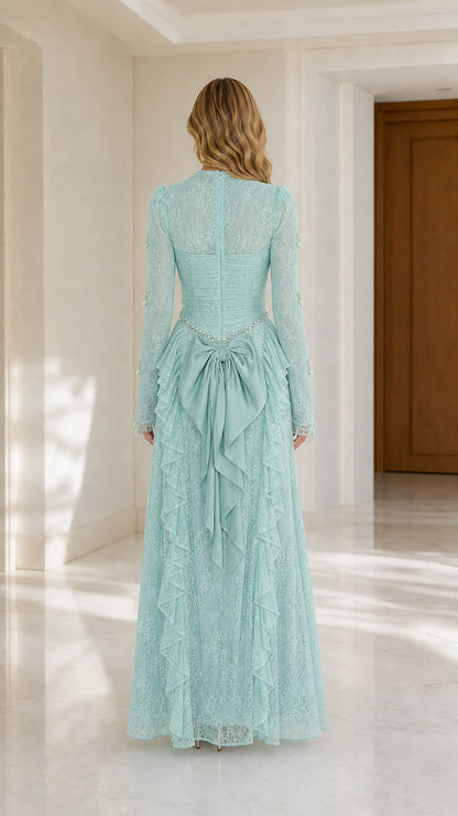 Mint Green Lace Evening Dress back view with drape bow accent