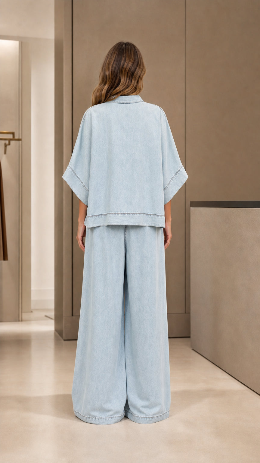 Back view of model showing relaxed fit of light blue denim shirt and pants