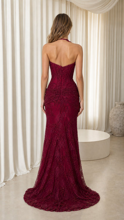 Elegance Halter Neck Sleeveless High Slit Lace Evening Dress in Burgundy back view