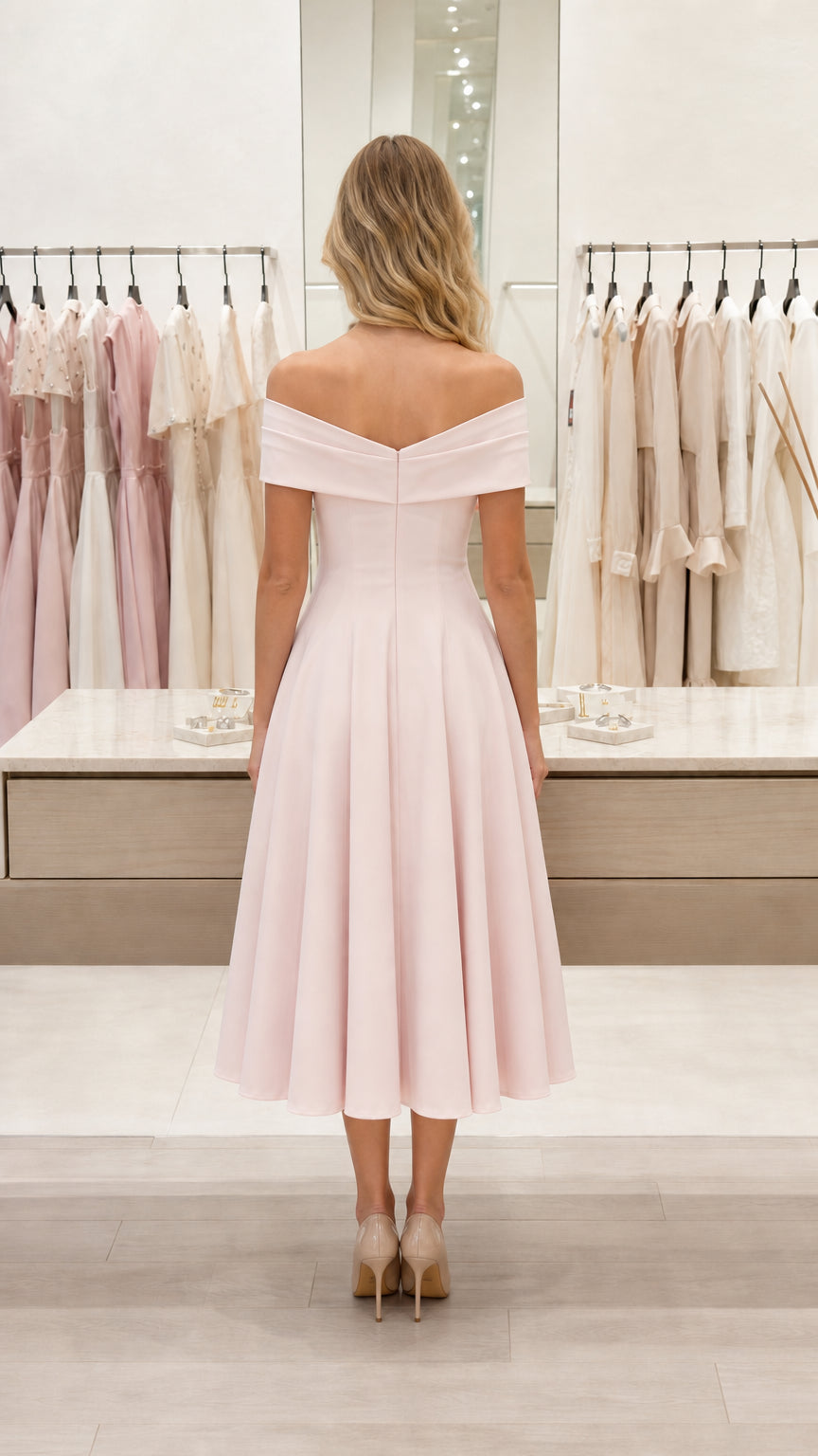 Back view of blush pink off-shoulder midi dress