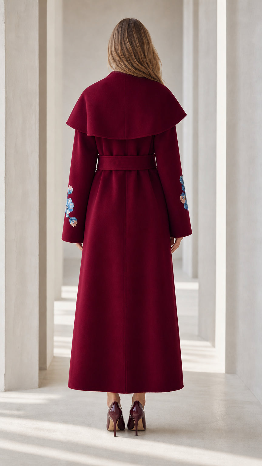 Back view of Burgundy coat with belt