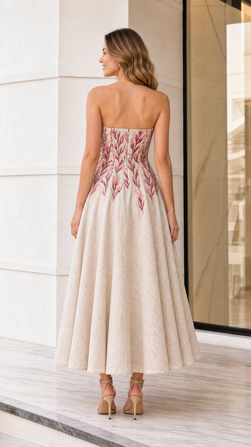 Back view of model in beige strapless embroidered midi dress